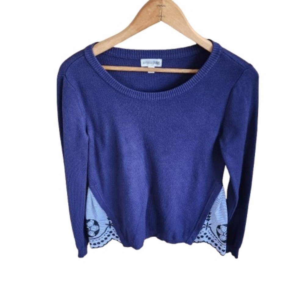 Womens XS Maison Jules Navy Sweater with Embroidered Blue Cotton Floral Detail